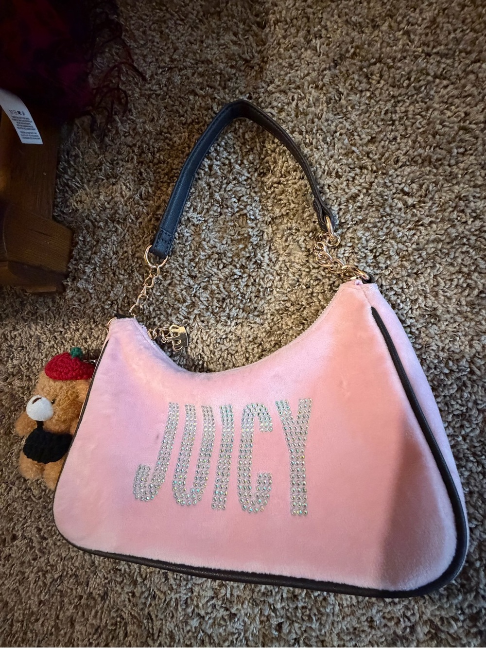 Juicy Couture Pink Crystal 'JUICY' Shoulder Bag with Black Strap